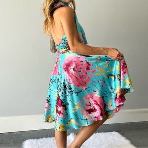 Adrianna Papell Floral Silk Halter Dress with Matching Scarf